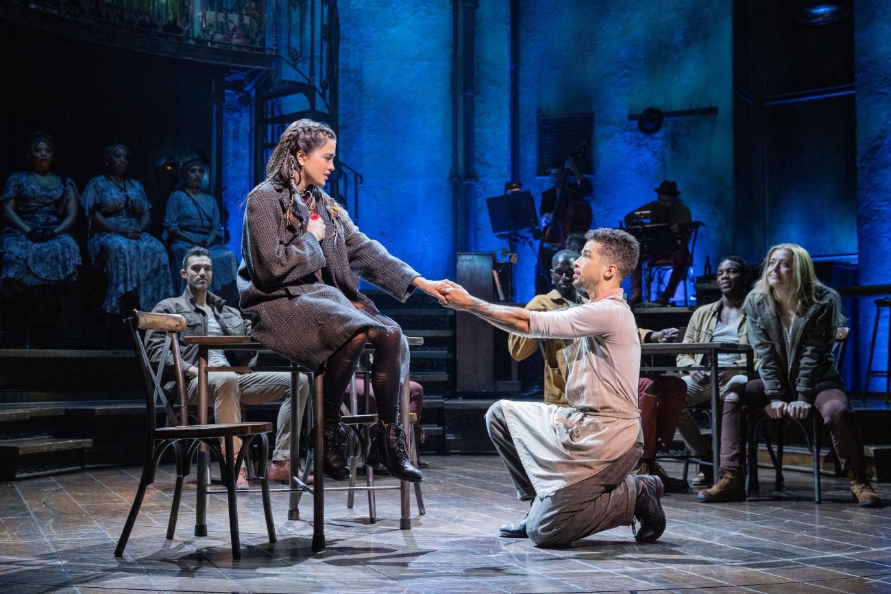 Maia Reficco and Jordan Fisher as Eurydice and Orpheus in Hadestown. Photo by Evan Zimmerman.