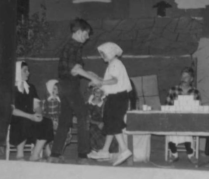 Fiddler on the Roof at Balfour Lake Camp, 1967: Hodel's Wedding, David Kruh as Hodel, center, with the author, seated far left, as Golde. Photo courtesy of David Kruh.