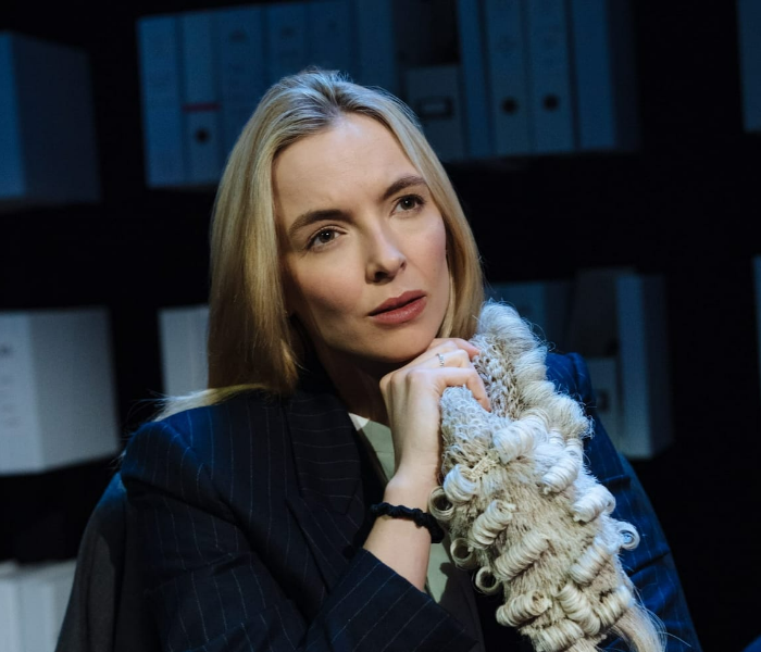 Jodie Comer in her award-winning performance in the one-woman play Prima Facie, which is streaming courtesy of National Theatre at Home. Photo by Helen Murray. 