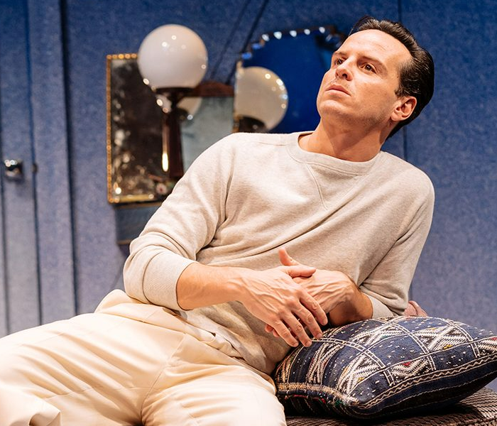 Andrew Scott in an acclaimed mounting of Present Laughter, which is streaming courtesy of National Theatre at Home. Photo by Manuel Harlan.