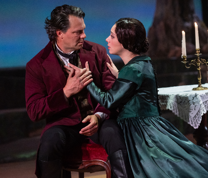 Matt Bogart and Julie Benko in Theatre Raleigh's recent production of the musical Jane Eyre, which is live-streaming this Saturday evening. Photo by Jennifer Robertson.